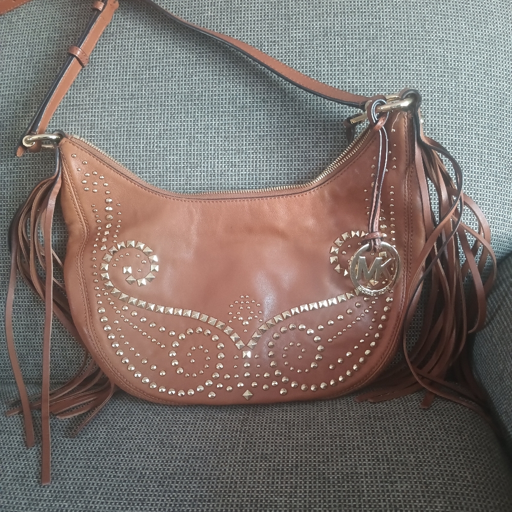 Michael Kors Brown Hobo Bag with Fringe and Studs